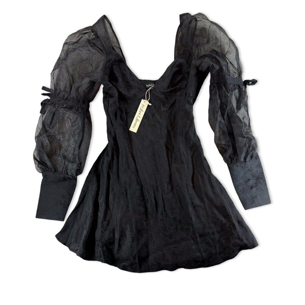 For Love & Lemons Gabrielle Puff Sleeve Mini Dress Black NEW Large - Picture 7 of 8